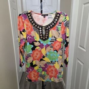 Cable & Gauge Viscose Blend Vibrant Floral Multicolor Top Beaded and sequin